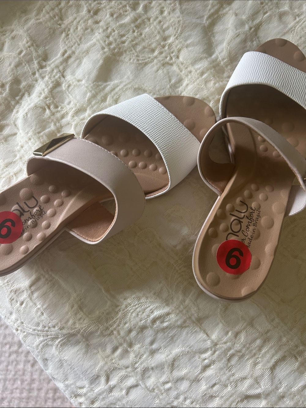 Two-Band White & Beige Women's Slide Sandals - Picture 4 of 5